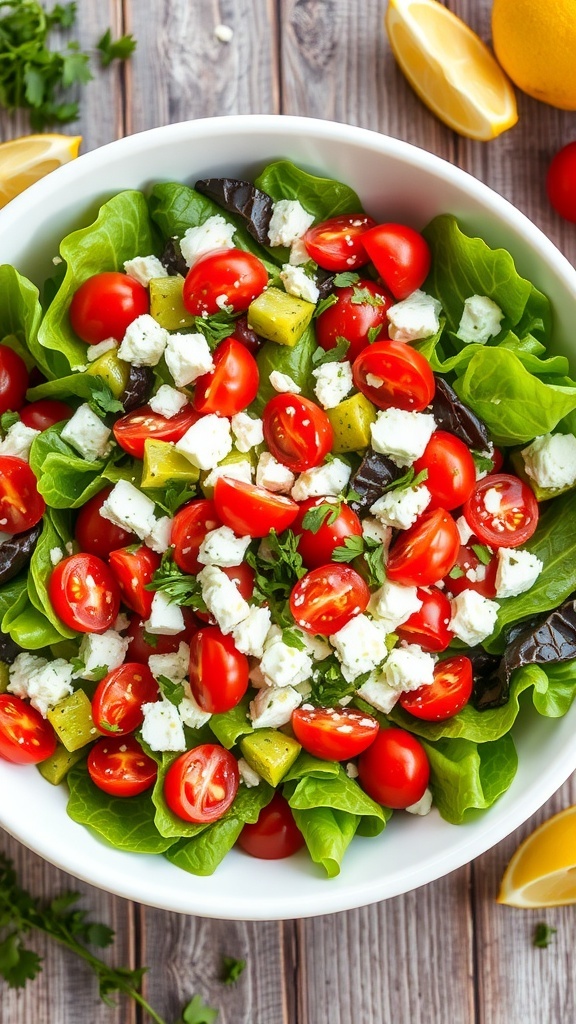 Mediterranean Feta Lettuce Salad Recipe A colorful bowl of Mediterranean feta lettuce salad with cherry tomatoes, cucumber, and feta cheese on a wooden table.